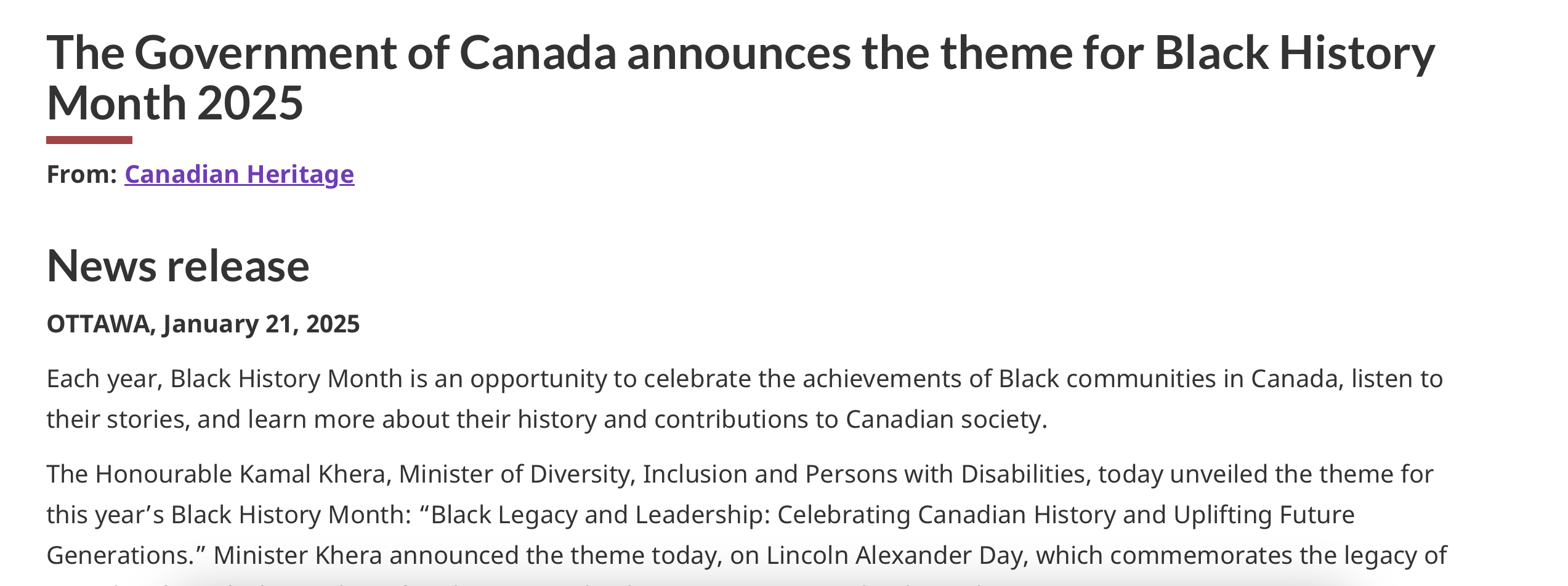 [News] The Government of Canada announces the theme for Black History